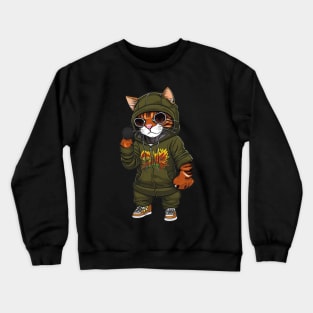 Cute Cat in a Hoodie, Sneakers, and Sunglasses with Headset Crewneck Sweatshirt